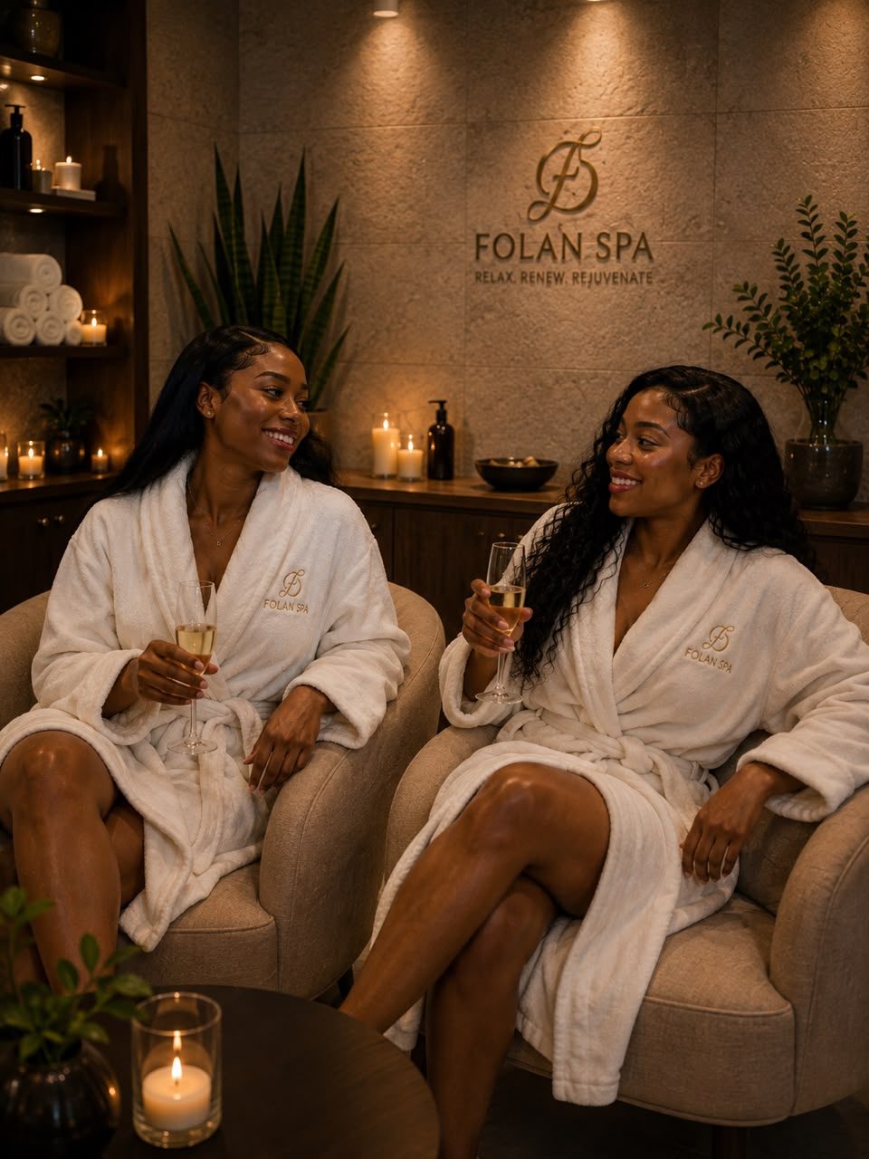 Two guests in Folan Spa robes sharing a glass of champagne in the relaxation lounge