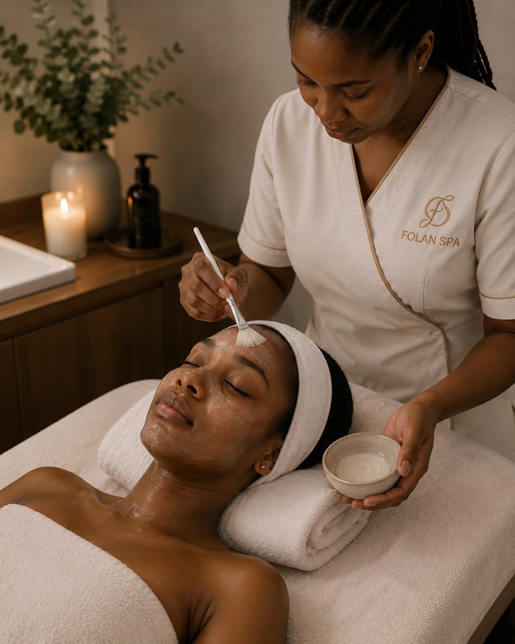 A Folan Spa therapist brushing a treatment mask onto a guest during a facial